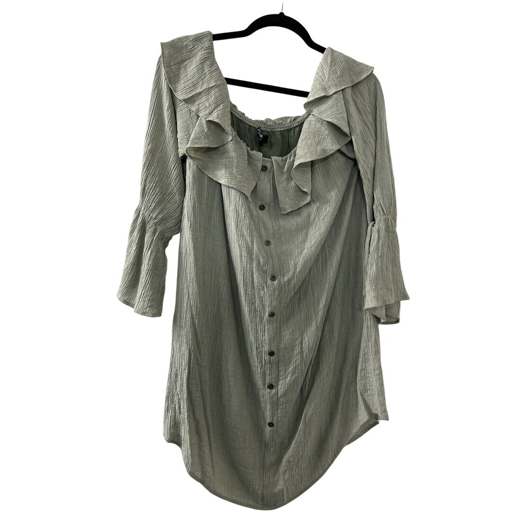 Hommage Crinkle Gauze Tunic L Sage Green Ruffle Off Shoulder Bell Sleeve Boho